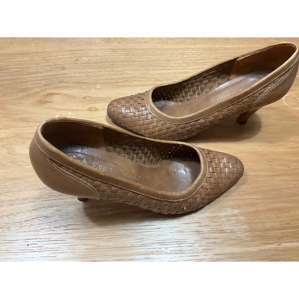 Evan-Picone Woven Tan Leather Pumps Made in Italy Pointed Toe Cone Heel Size 6B